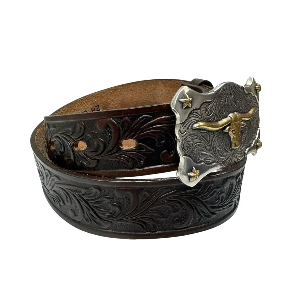 Tony Lama Kids LITTLE TEXAS Tooled Leather Western Belt USA Size 28 Top Grain
